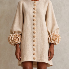 The Elowen | Floral-Cuff Mini Dress, Beige — cuff detail