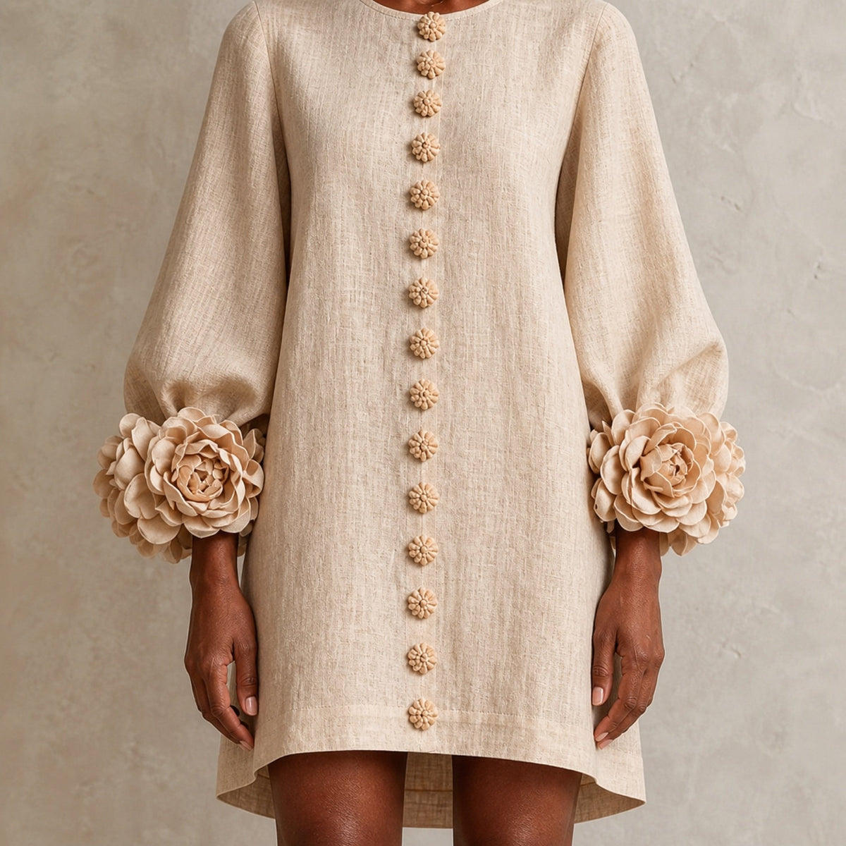 The Elowen | Floral-Cuff Mini Dress, Beige — cuff detail