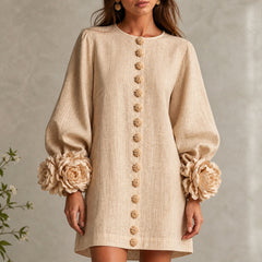 The Elowen | Floral-Cuff Mini Dress, Beige — button fabric detail