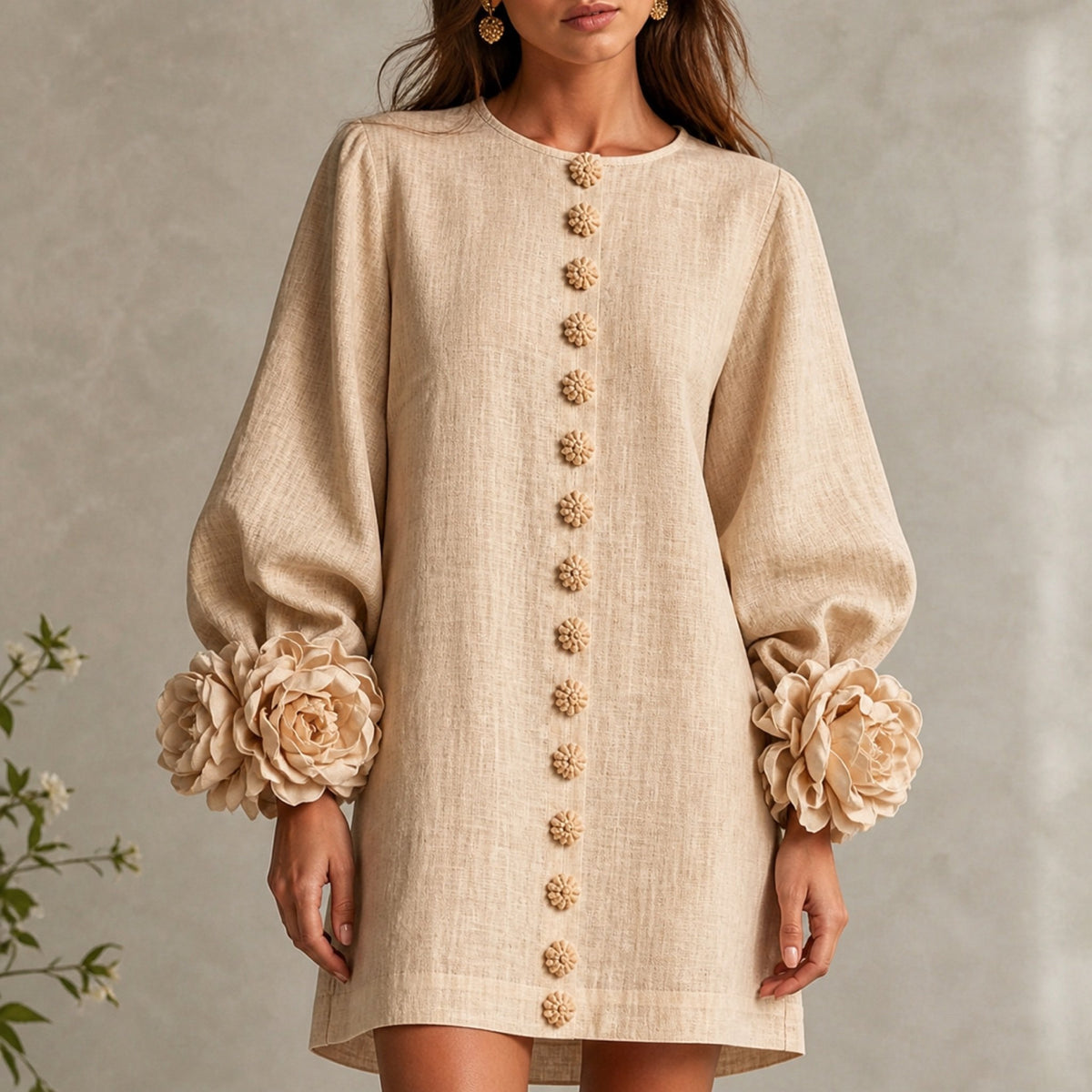 The Elowen | Floral-Cuff Mini Dress, Beige — button fabric detail