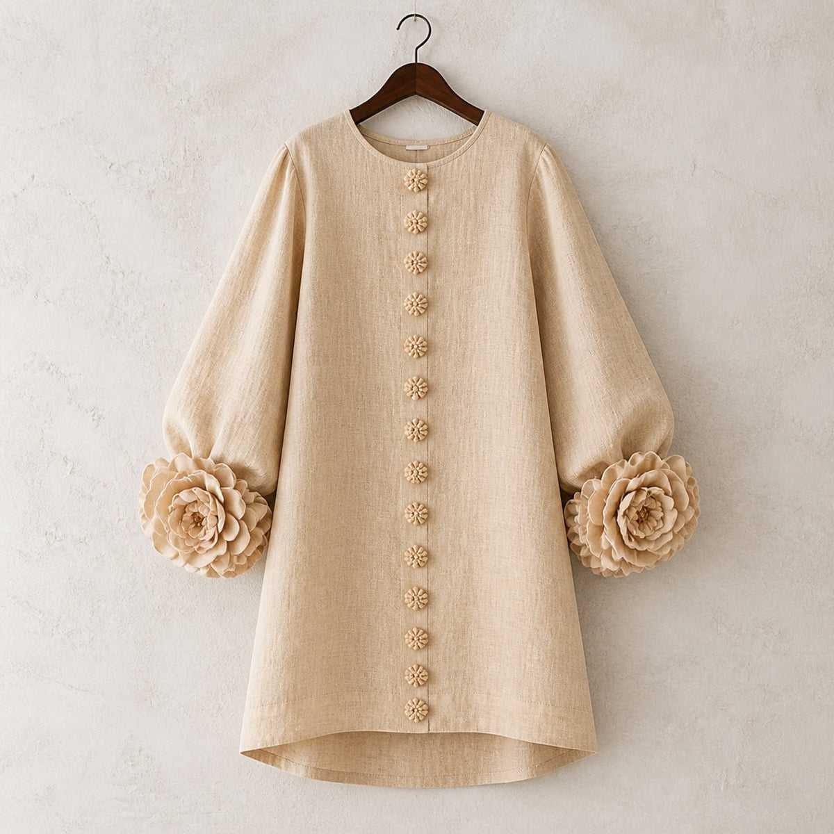 The Elowen | Floral-Cuff Mini Dress, Beige — product hanger