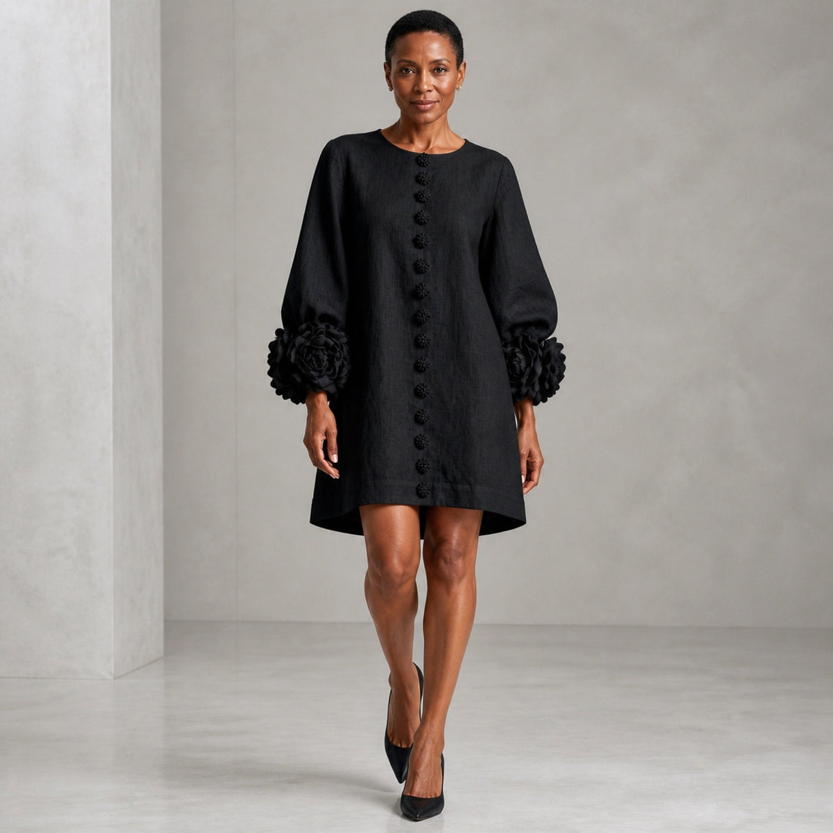 The Elowen | Floral-Cuff Mini Dress, Black — studio front step