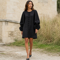 The Elowen | Floral-Cuff Mini Dress, Black — outdoor movement