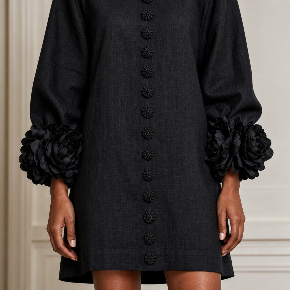 The Elowen | Floral-Cuff Mini Dress, Black — cuff detail