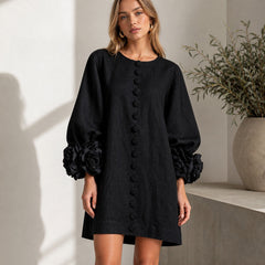 The Elowen | Floral-Cuff Mini Dress, Black — button fabric detail