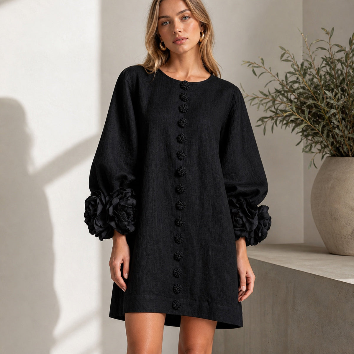 The Elowen | Floral-Cuff Mini Dress, Black — button fabric detail