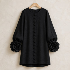 The Elowen | Floral-Cuff Mini Dress, Black — product hanger