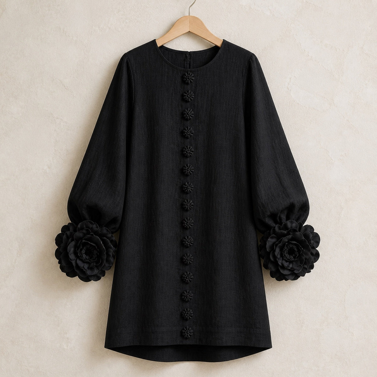 The Elowen | Floral-Cuff Mini Dress, Black — product hanger