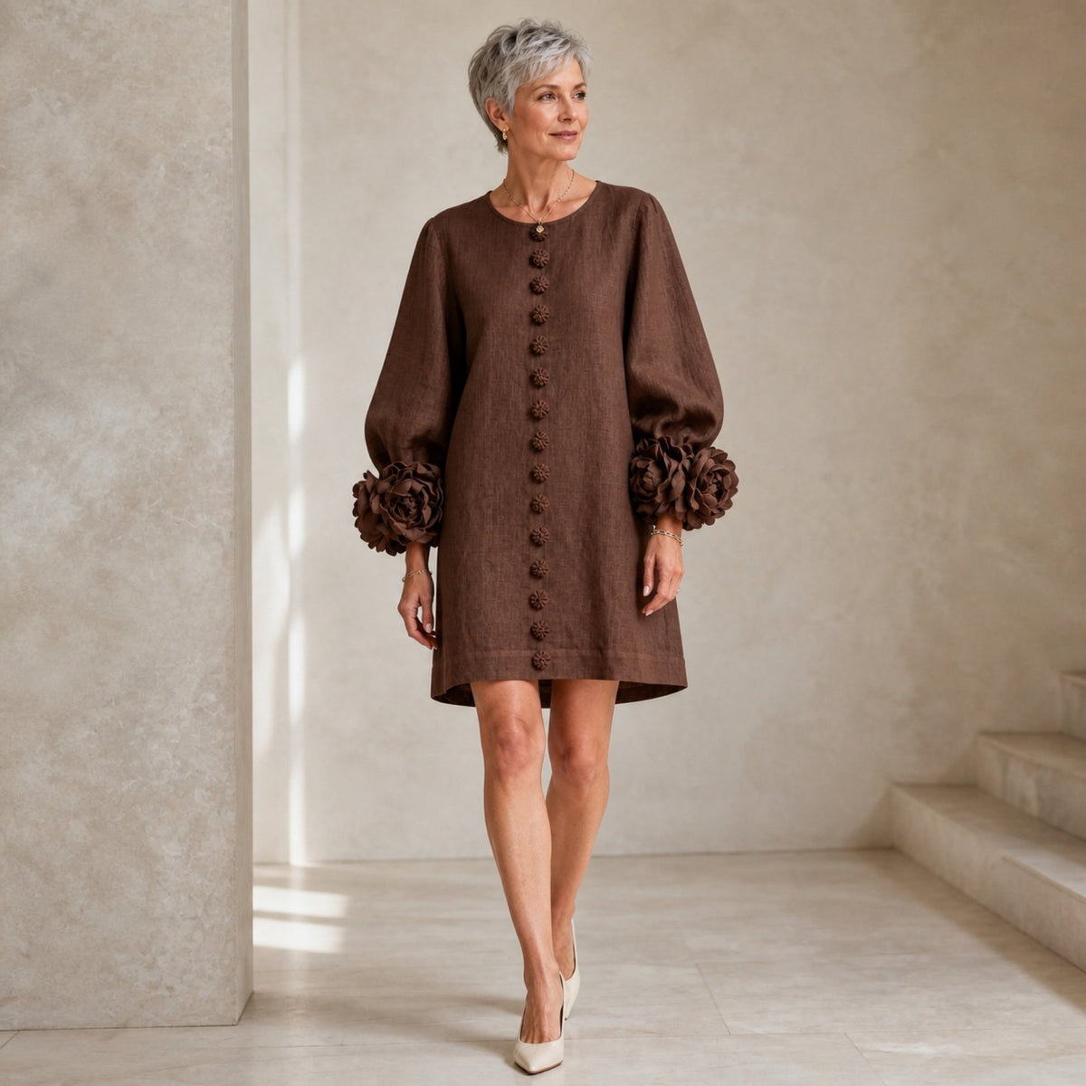 The Elowen | Floral-Cuff Mini Dress, Brown — studio front step