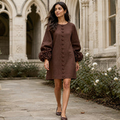 The Elowen | Floral-Cuff Mini Dress, Brown — outdoor movement