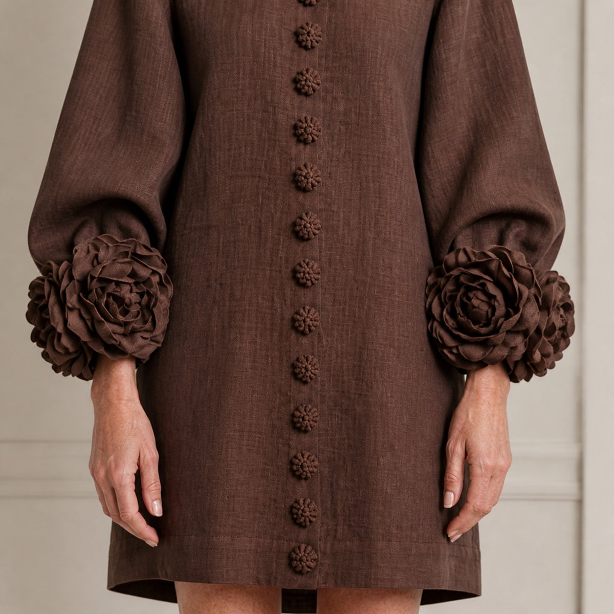 The Elowen | Floral-Cuff Mini Dress, Brown — cuff detail