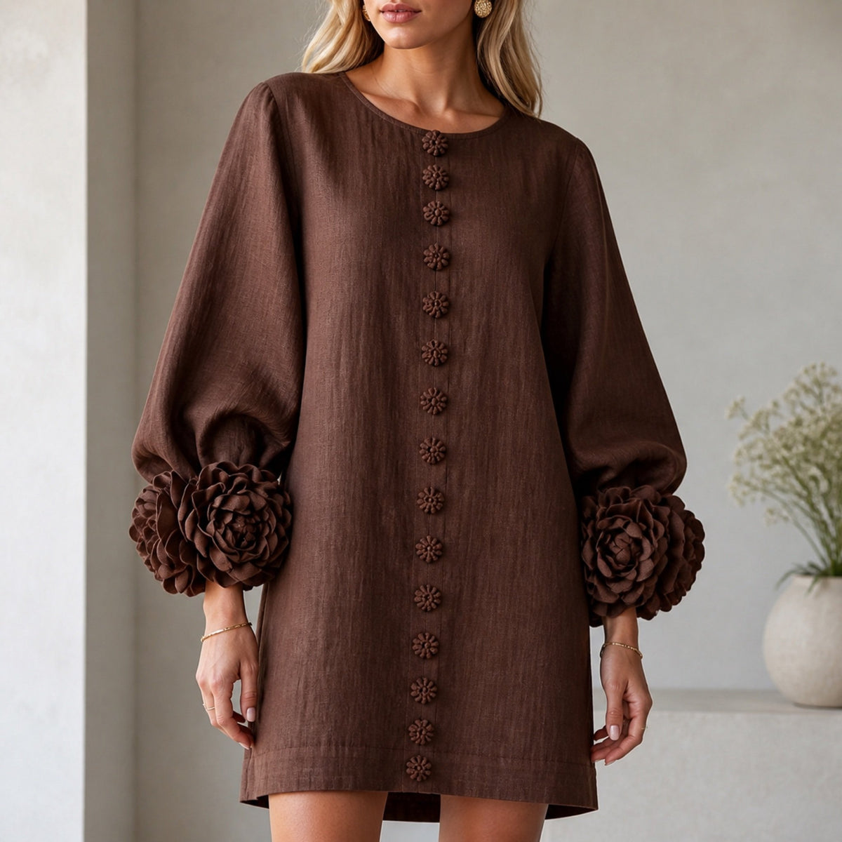 The Elowen | Floral-Cuff Mini Dress, Brown — button fabric detail