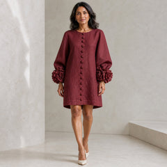 The Elowen | Floral-Cuff Mini Dress, Burgundy — studio front step