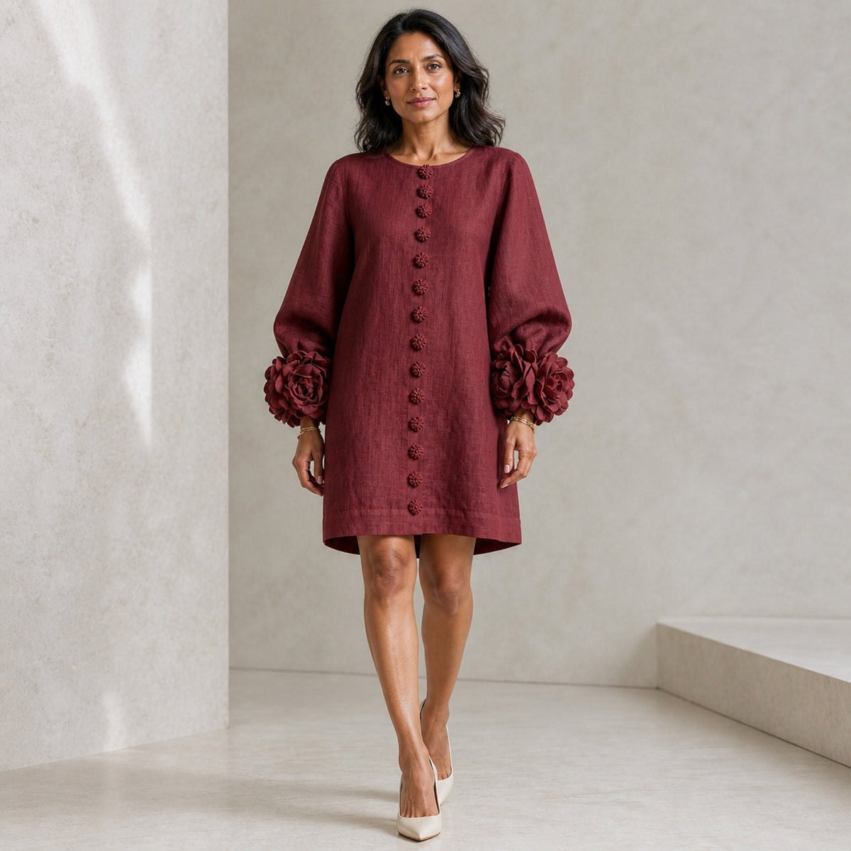 The Elowen | Floral-Cuff Mini Dress, Burgundy — studio front step