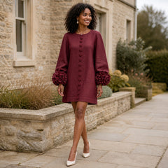 The Elowen | Floral-Cuff Mini Dress, Burgundy — outdoor movement