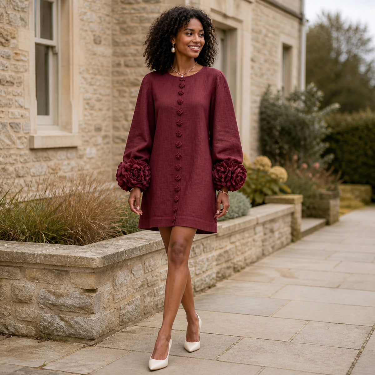 The Elowen | Floral-Cuff Mini Dress, Burgundy — outdoor movement