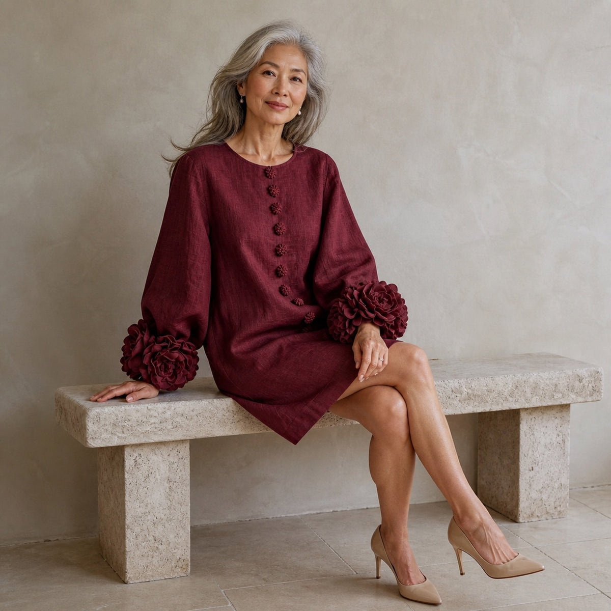 The Elowen | Floral-Cuff Mini Dress, Burgundy — seated relaxed