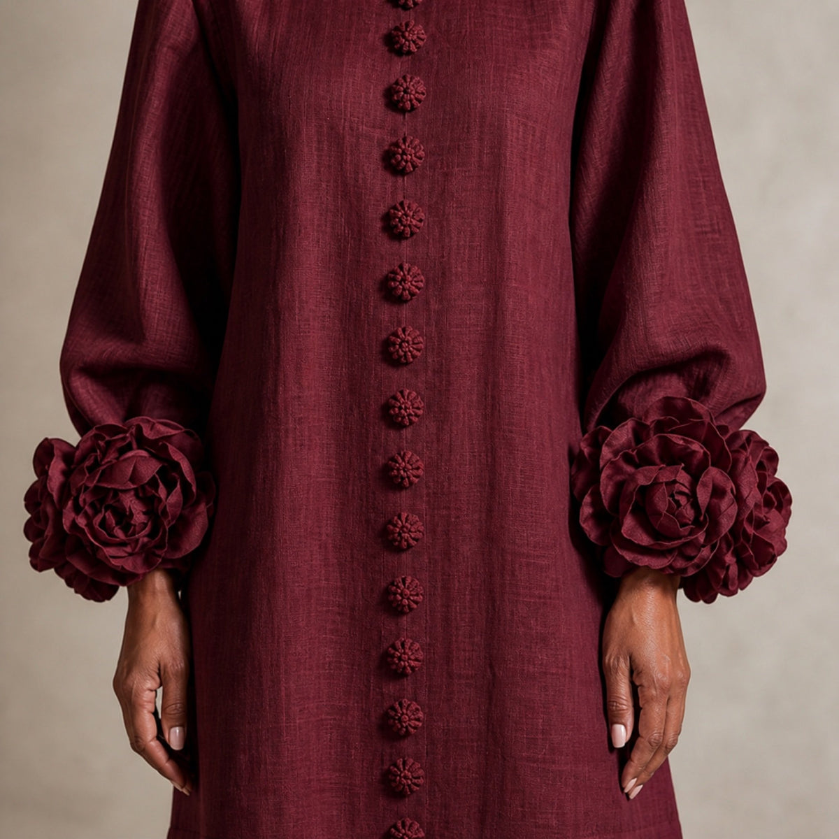 The Elowen | Floral-Cuff Mini Dress, Burgundy — cuff detail