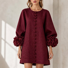 The Elowen | Floral-Cuff Mini Dress, Burgundy — button fabric detail