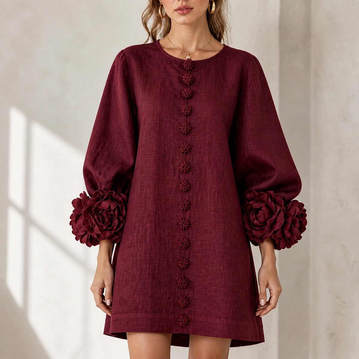 The Elowen | Floral-Cuff Mini Dress, Burgundy — button fabric detail