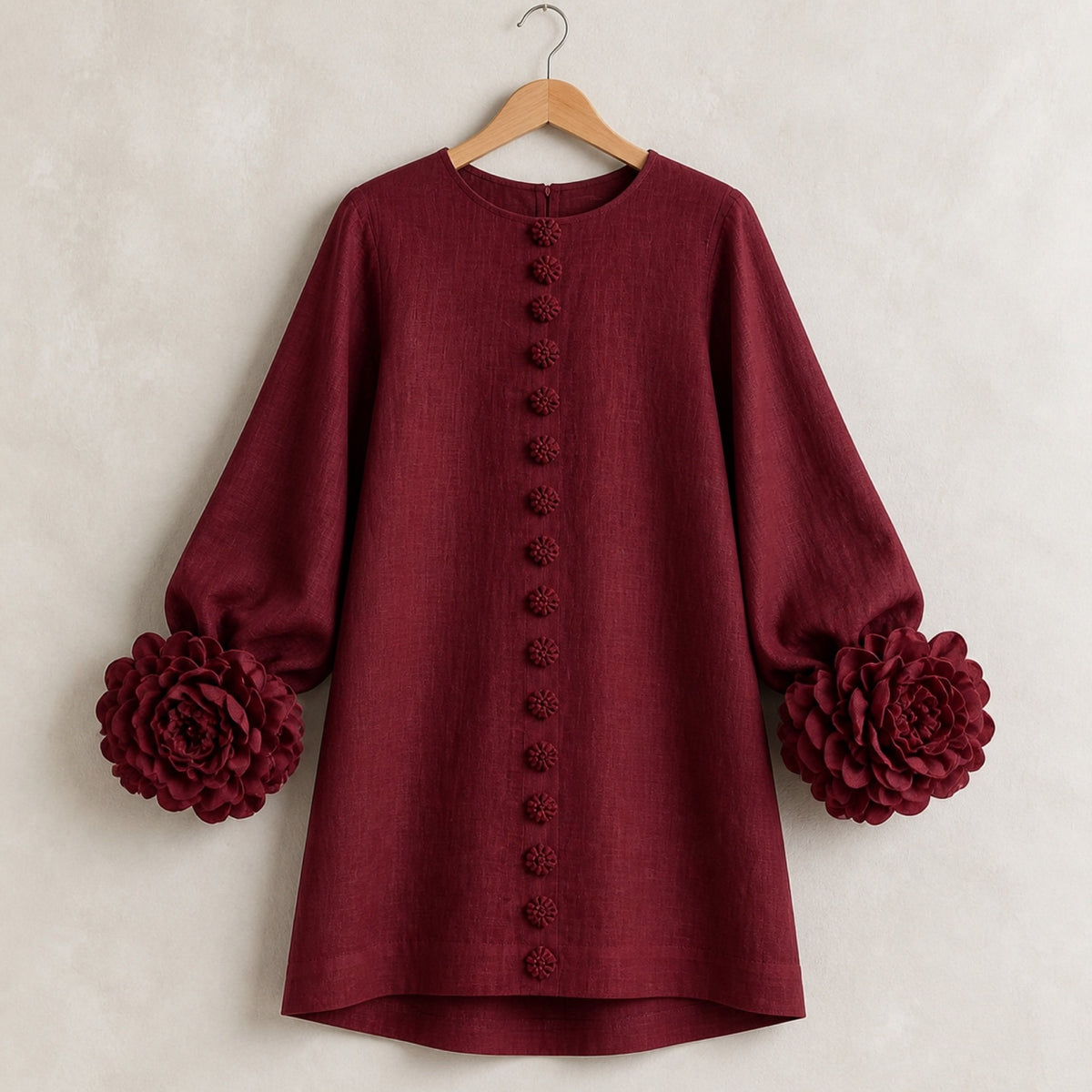 The Elowen | Floral-Cuff Mini Dress, Burgundy — product hanger