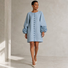The Elowen | Floral-Cuff Mini Dress, Dusty Blue — studio front step