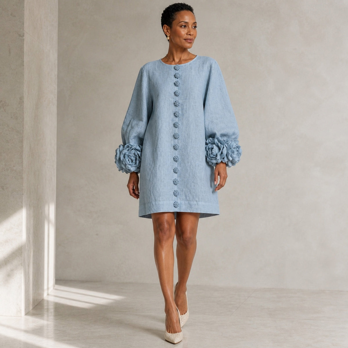 The Elowen | Floral-Cuff Mini Dress, Dusty Blue — studio front step