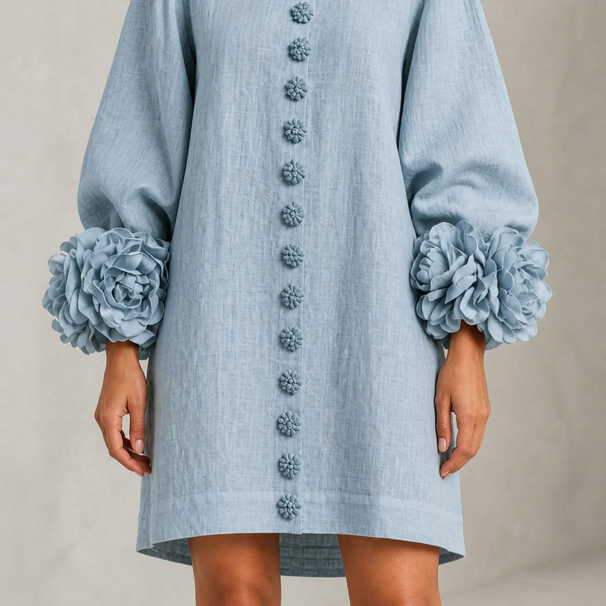 The Elowen | Floral-Cuff Mini Dress, Dusty Blue — cuff detail