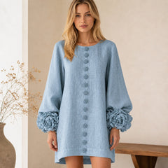 The Elowen | Floral-Cuff Mini Dress, Dusty Blue — button fabric detail