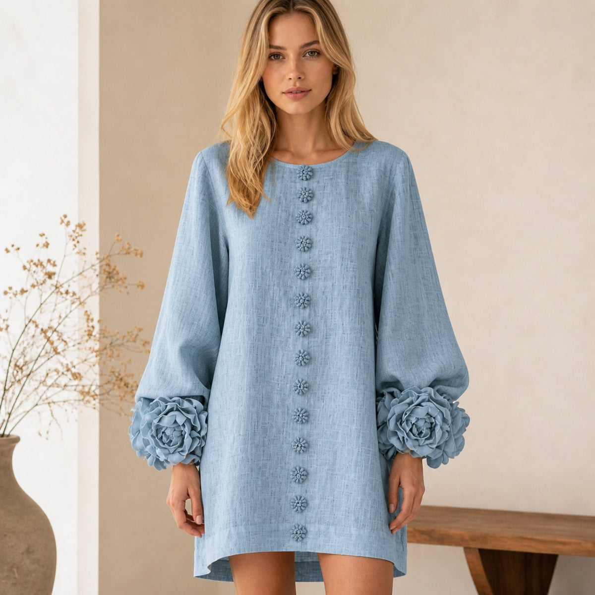 The Elowen | Floral-Cuff Mini Dress, Dusty Blue — button fabric detail
