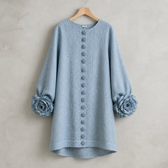 The Elowen | Floral-Cuff Mini Dress, Dusty Blue — product hanger