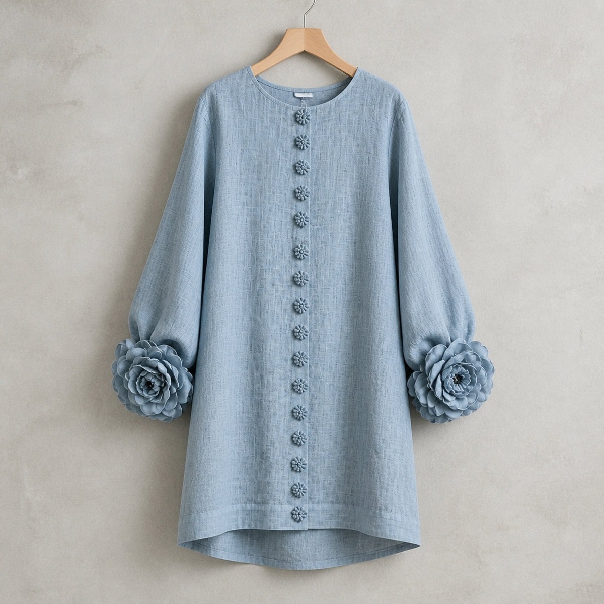 The Elowen | Floral-Cuff Mini Dress, Dusty Blue — product hanger