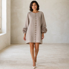 The Elowen | Floral-Cuff Mini Dress, Mushroom Taupe — studio front step