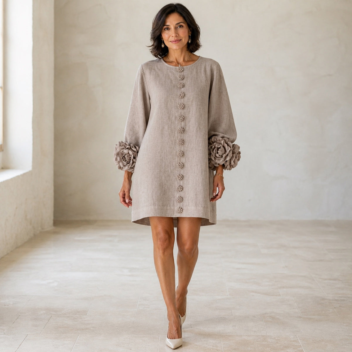 The Elowen | Floral-Cuff Mini Dress, Mushroom Taupe — studio front step