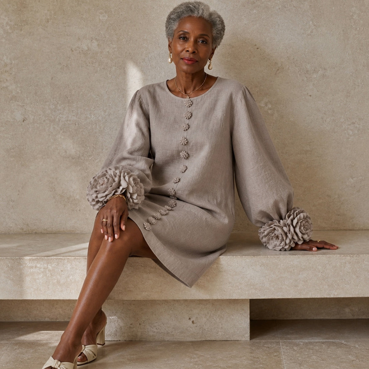 The Elowen | Floral-Cuff Mini Dress, Mushroom Taupe — seated relaxed