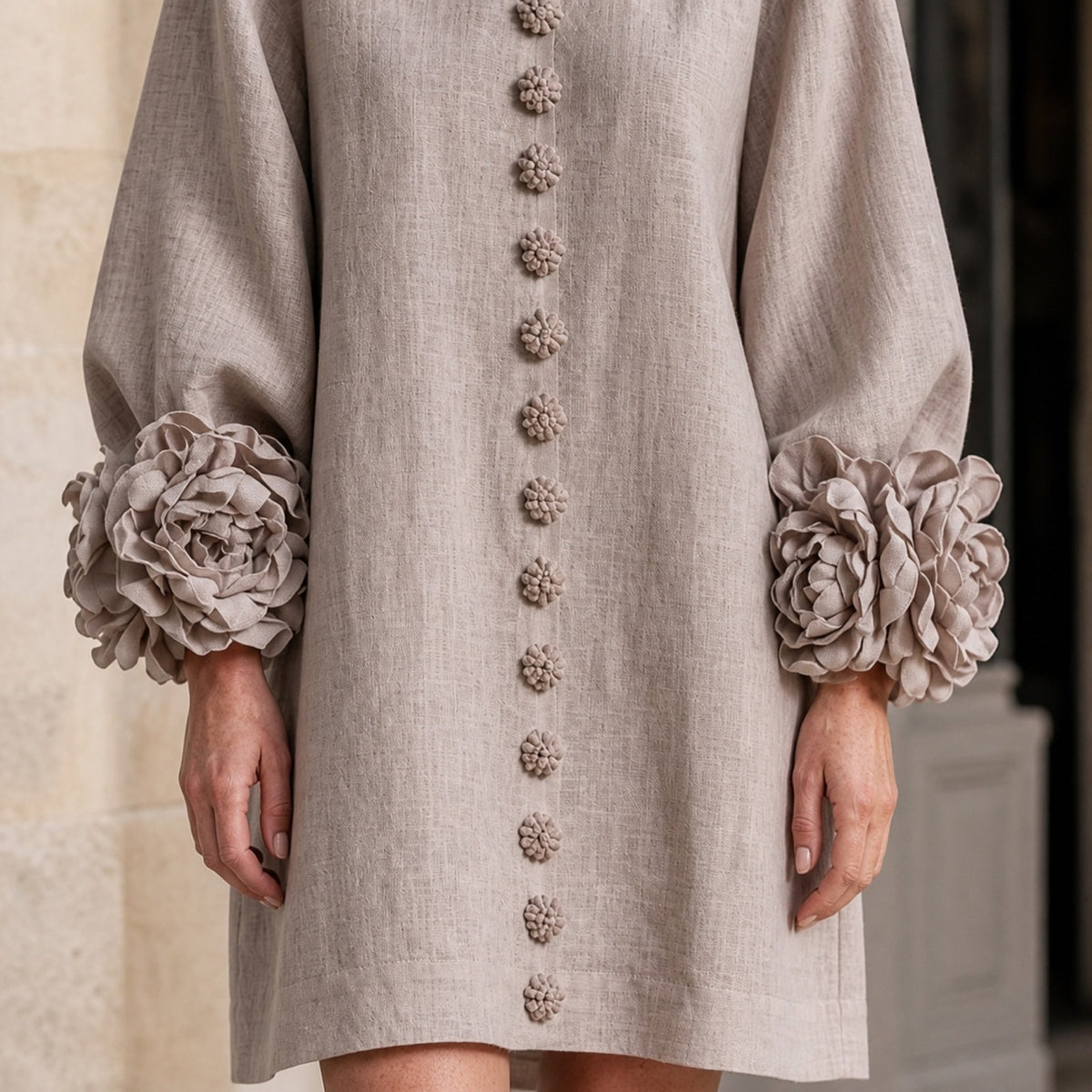 The Elowen | Floral-Cuff Mini Dress, Mushroom Taupe — cuff detail