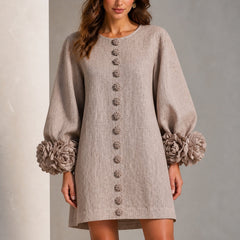 The Elowen | Floral-Cuff Mini Dress, Mushroom Taupe — button fabric detail