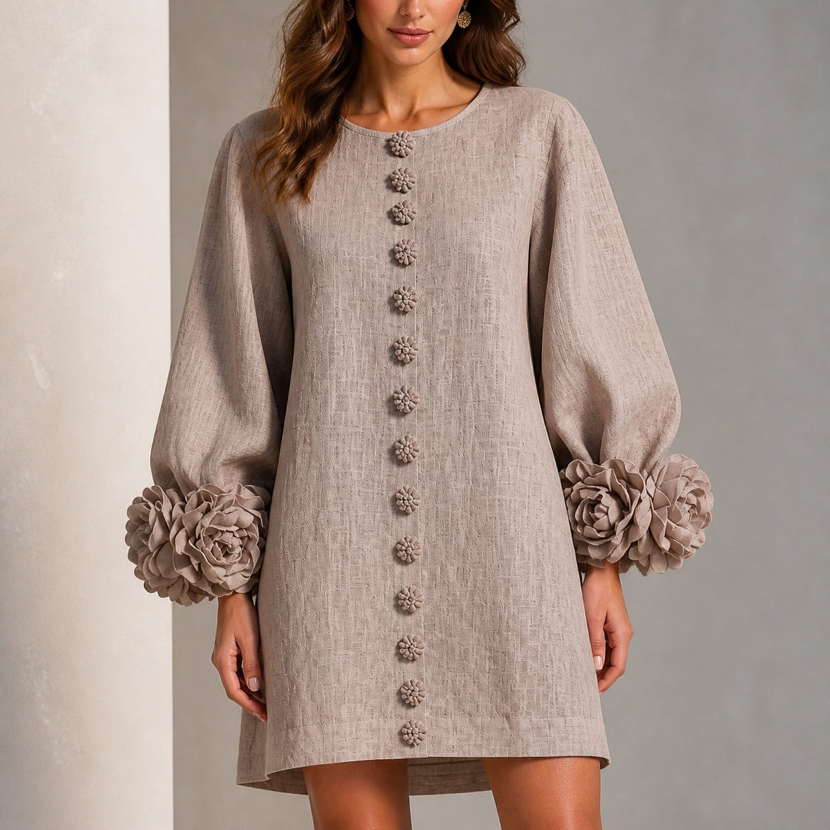 The Elowen | Floral-Cuff Mini Dress, Mushroom Taupe — button fabric detail