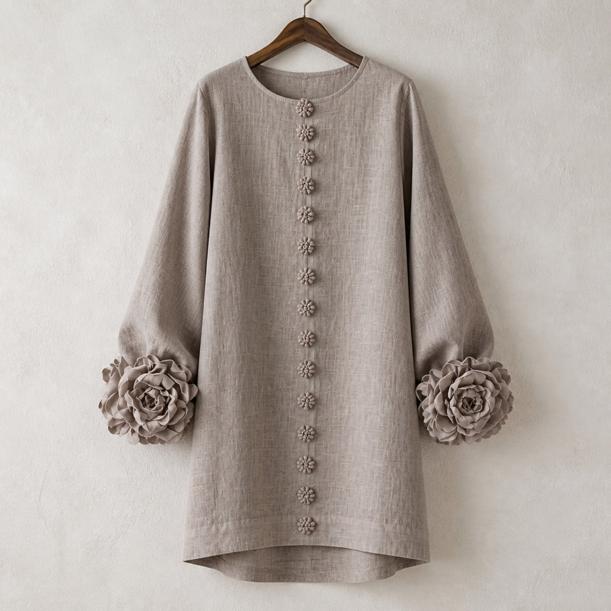 The Elowen | Floral-Cuff Mini Dress, Mushroom Taupe — product hanger