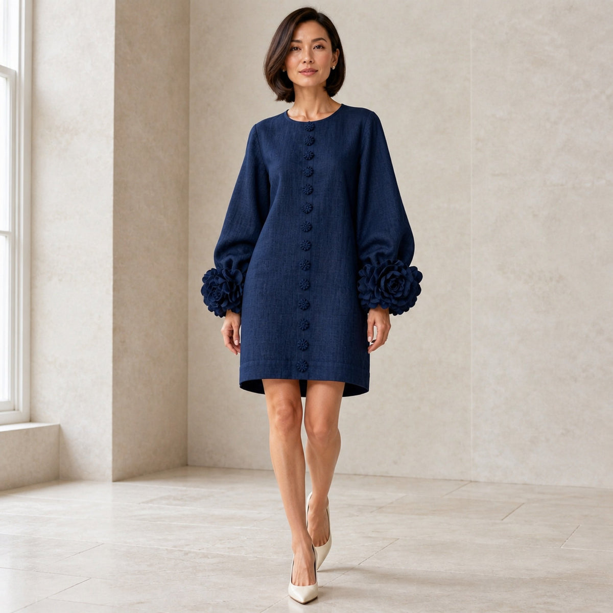 The Elowen | Floral-Cuff Mini Dress, Navy — studio front step