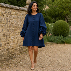 The Elowen | Floral-Cuff Mini Dress, Navy — outdoor movement
