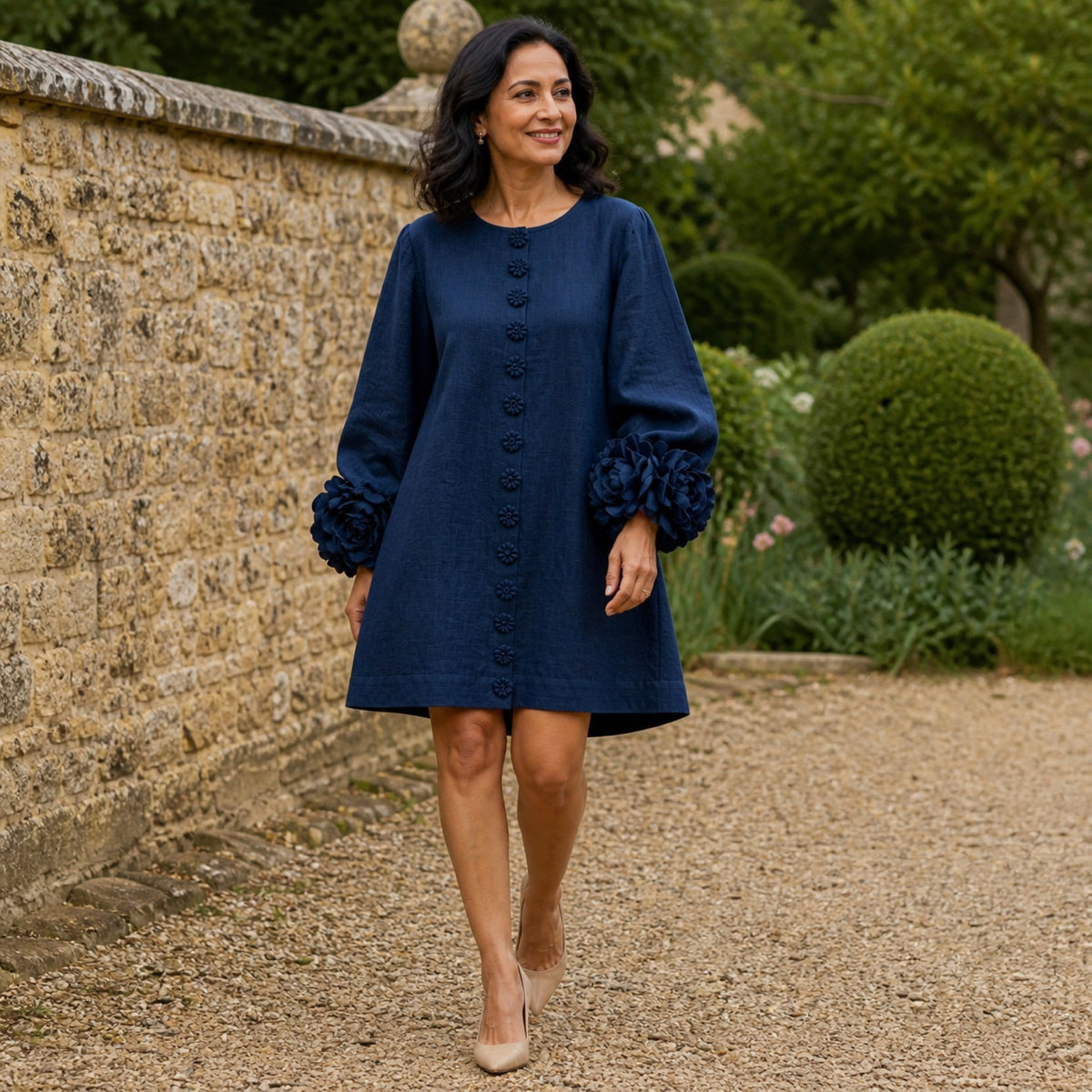 The Elowen | Floral-Cuff Mini Dress, Navy — outdoor movement