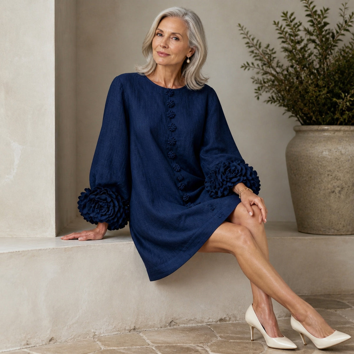 The Elowen | Floral-Cuff Mini Dress, Navy — seated relaxed