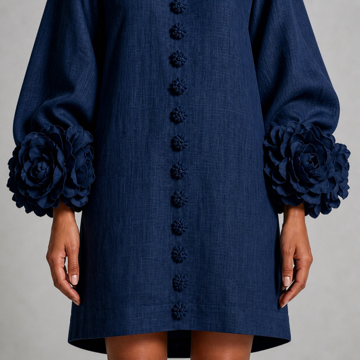 The Elowen | Floral-Cuff Mini Dress, Navy — cuff detail