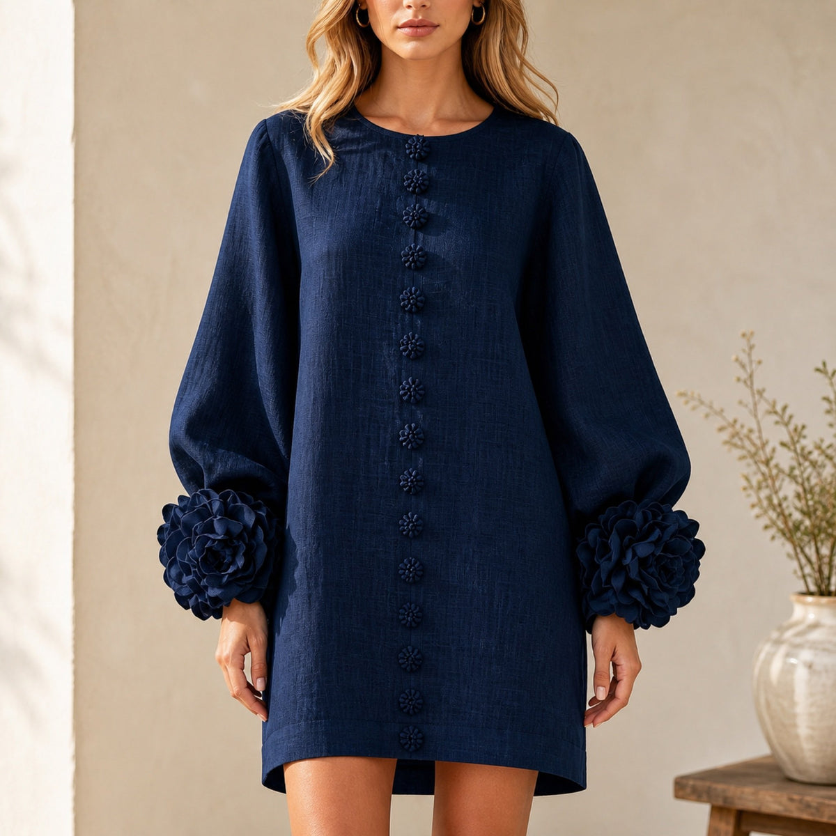 The Elowen | Floral-Cuff Mini Dress, Navy — button fabric detail