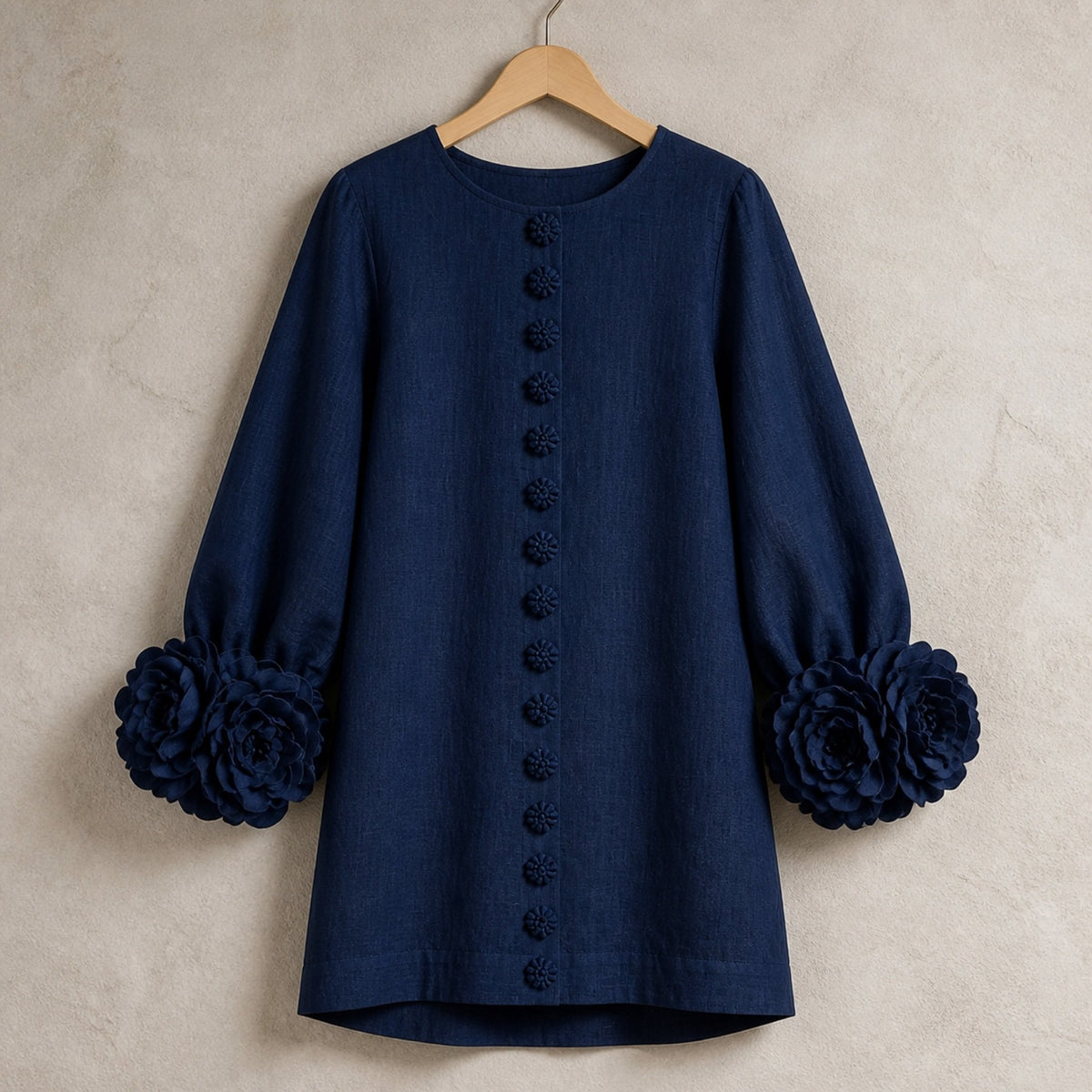 The Elowen | Floral-Cuff Mini Dress, Navy — product hanger