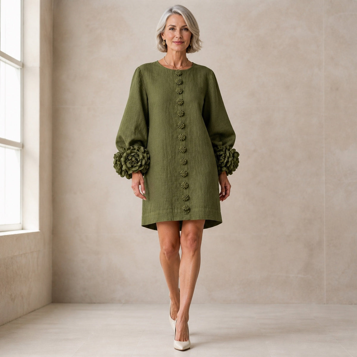 The Elowen | Floral-Cuff Mini Dress, Olive — studio front step