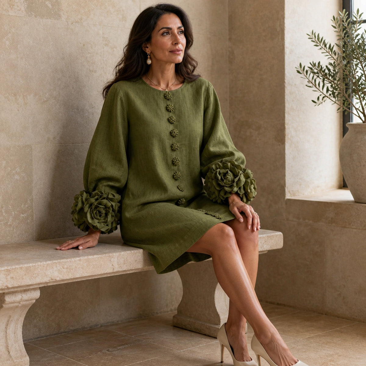 The Elowen | Floral-Cuff Mini Dress, Olive — seated relaxed