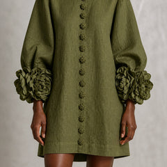 The Elowen | Floral-Cuff Mini Dress, Olive — cuff detail