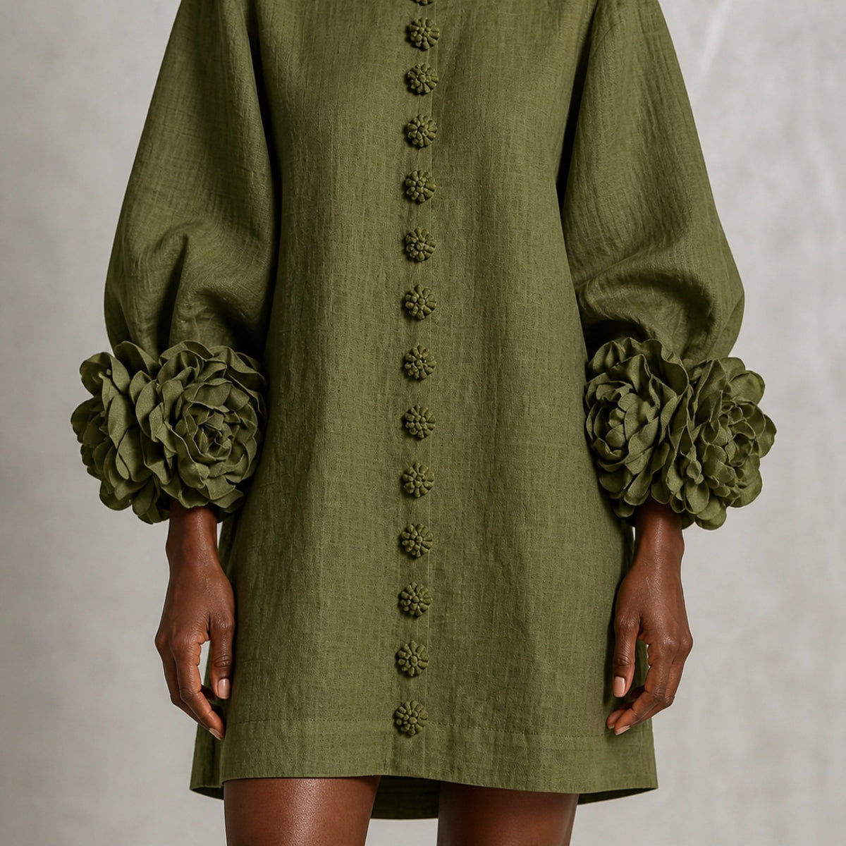 The Elowen | Floral-Cuff Mini Dress, Olive — cuff detail